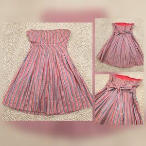 Vintage ANGIE Strapless Retro Plaid Summer Dress Bow 50s Inspired Pinup Pink S